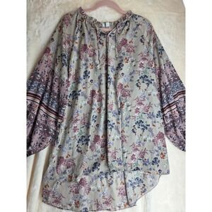 Cato 18W Beige Floral Boho Peasant Tunic Top Long Sleeve Ruffle Neck